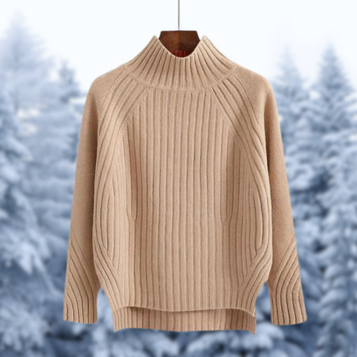 Margaux ribbed mock neck sweater in beige, front view with side slits