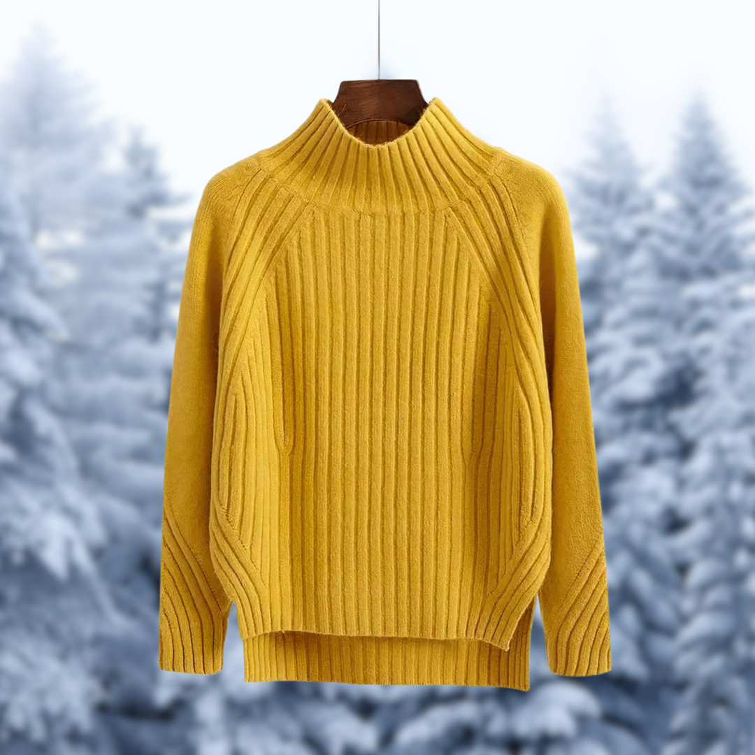 Margaux ribbed mock neck sweater in yellow, front view on hanger