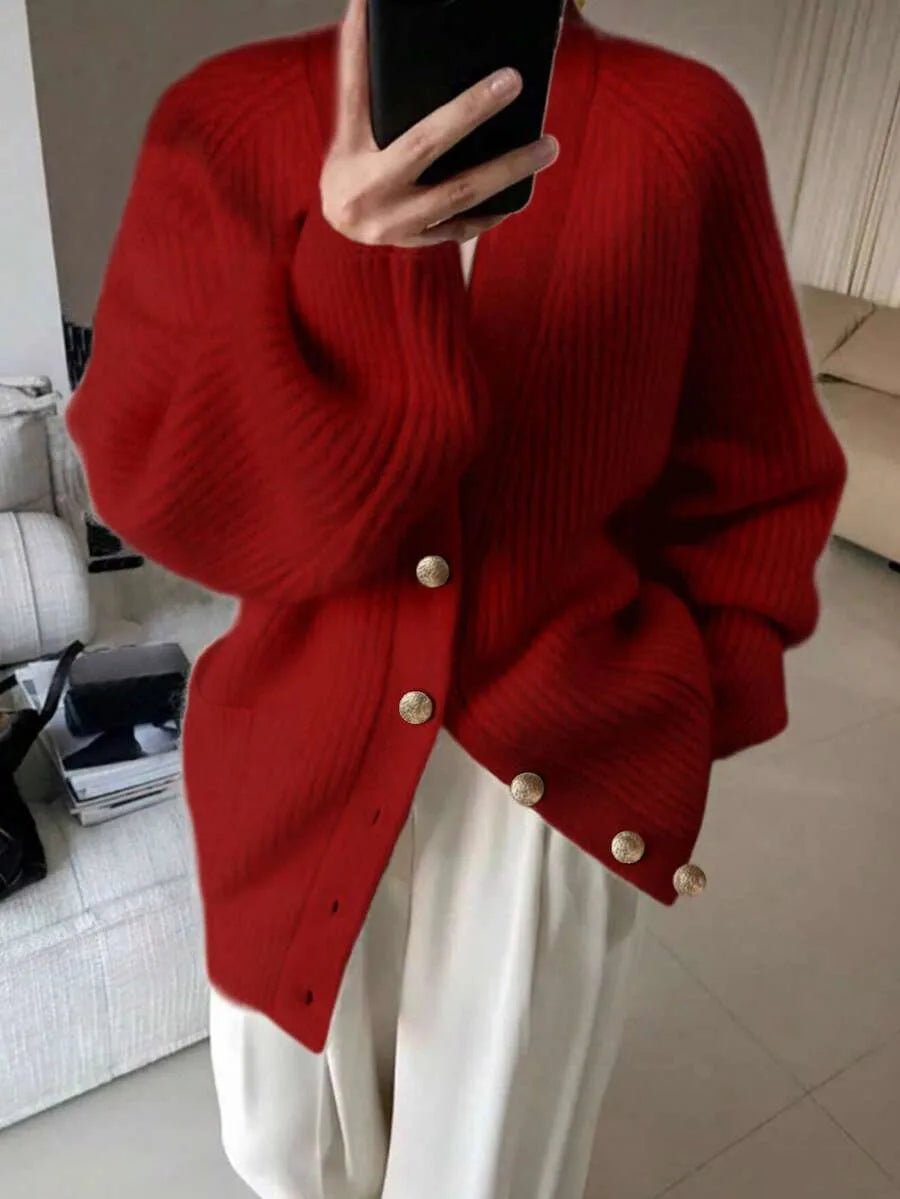 Margeaux oversized V-neck cardigan with front pockets, styled with leggings