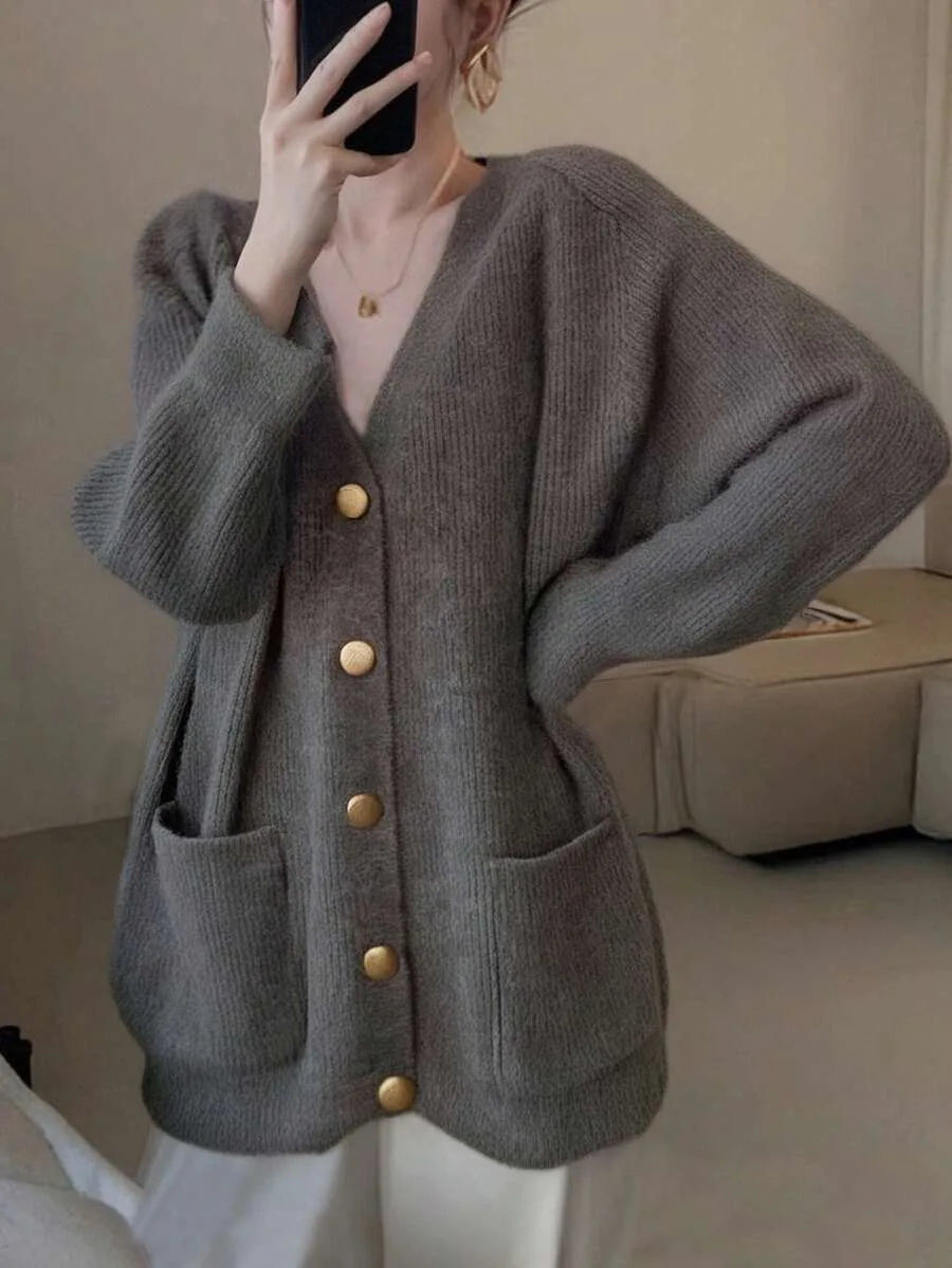 Margeaux oversized cardigan with button front detail, mirror selfie view