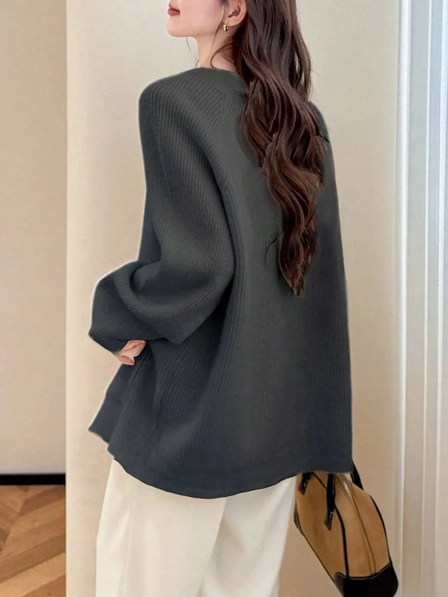 Margeaux ribbed cardigan, back view showing relaxed oversized fit