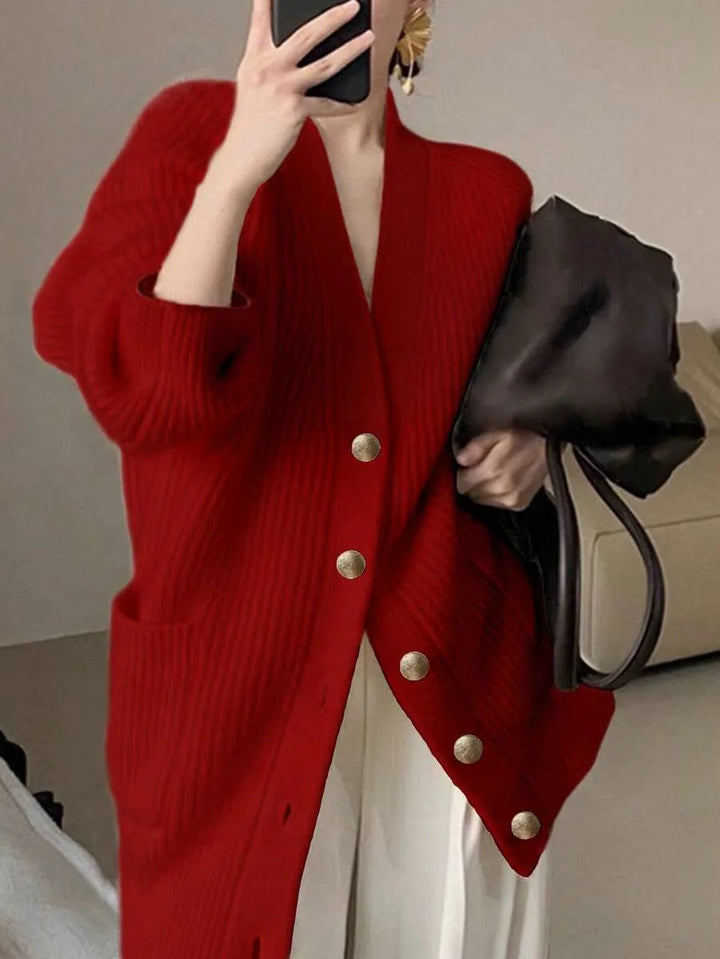 Margeaux oversized V-neck cardigan with front pockets, styled with leggings