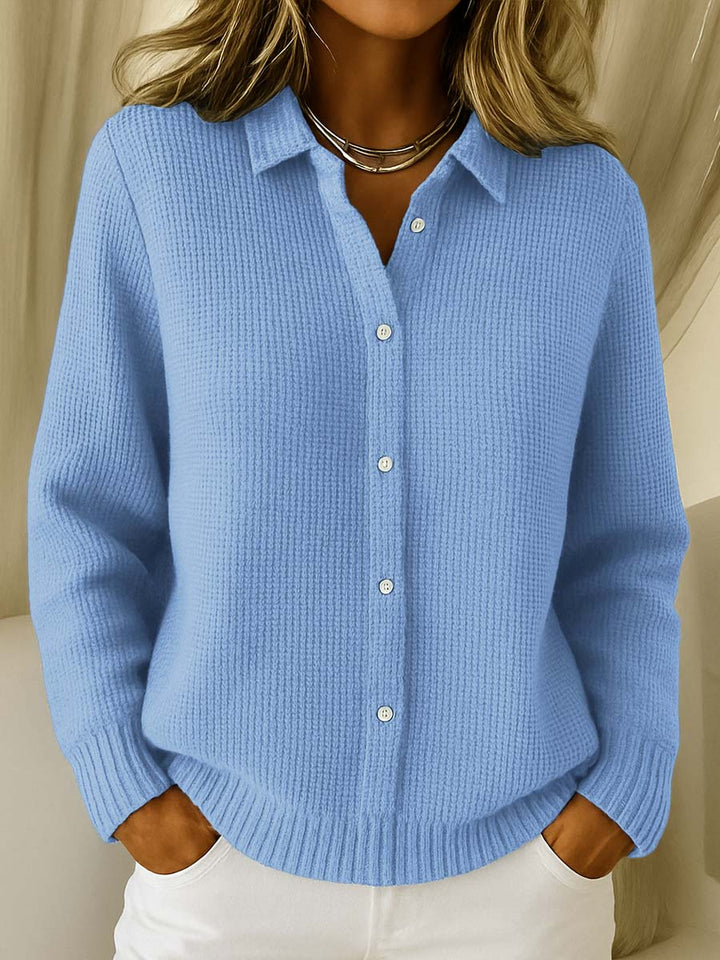 Margot collared cardigan in light blue, front view with buttons open