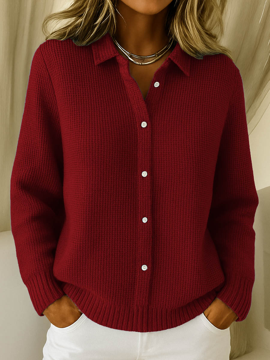 Margot collared cardigan in red, close-up of button detail