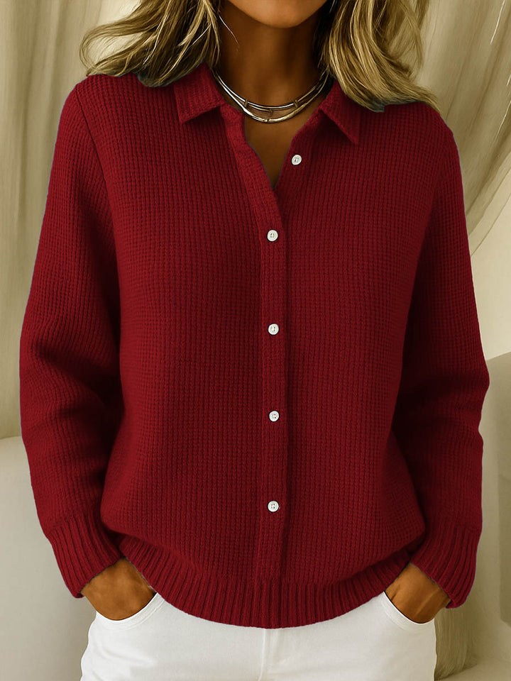Margot collared cardigan in red, close-up of button detail