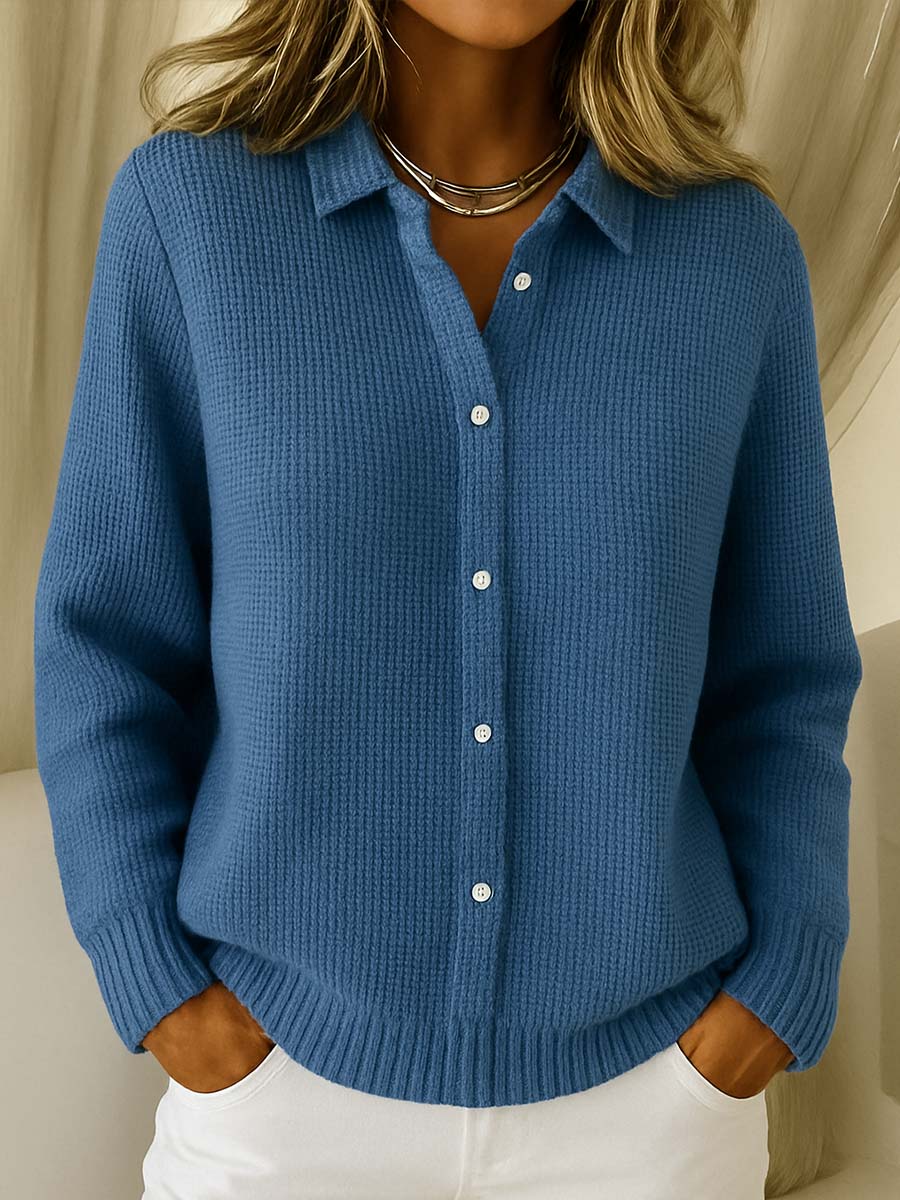 Margot collared cardigan in blue, front view with hands in pockets