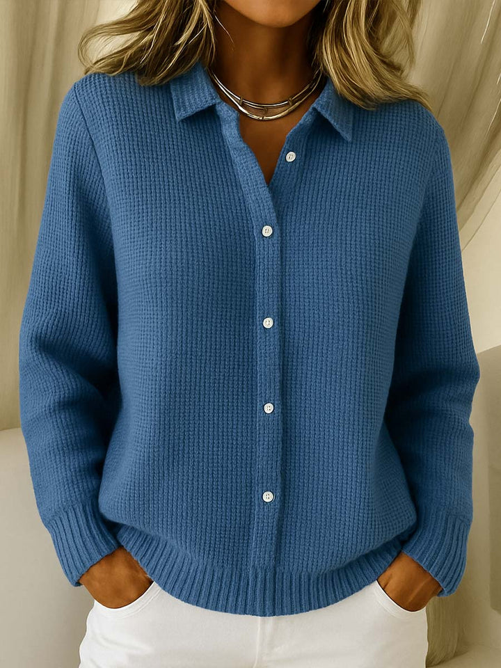 Margot collared cardigan in blue, front view with hands in pockets