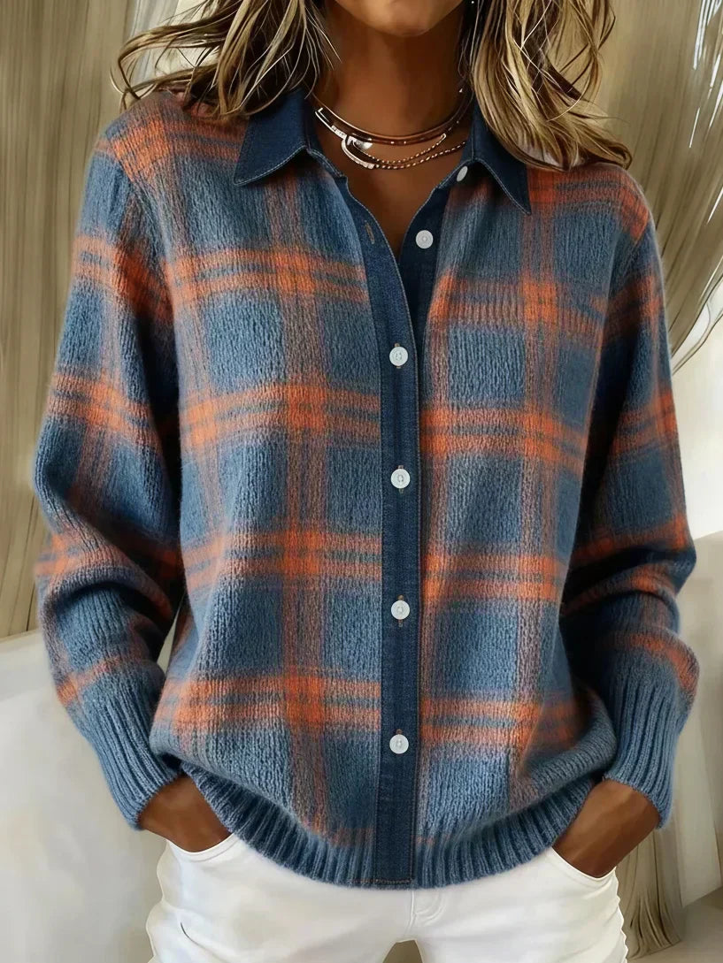 Margot plaid button-down cardigan in blue and orange, front view