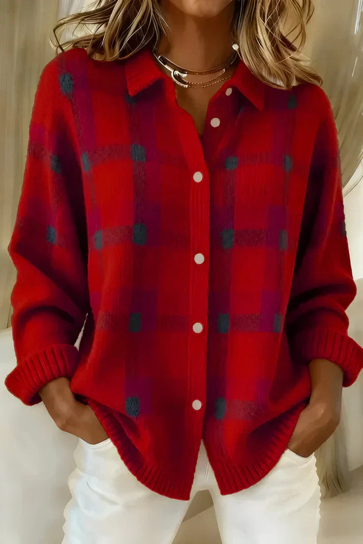Margot plaid button-down cardigan in red, front view