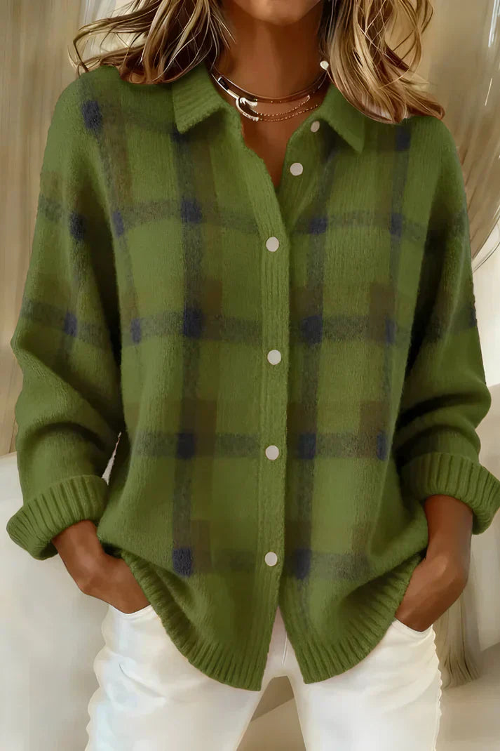 Margot plaid button-down cardigan in green, front view