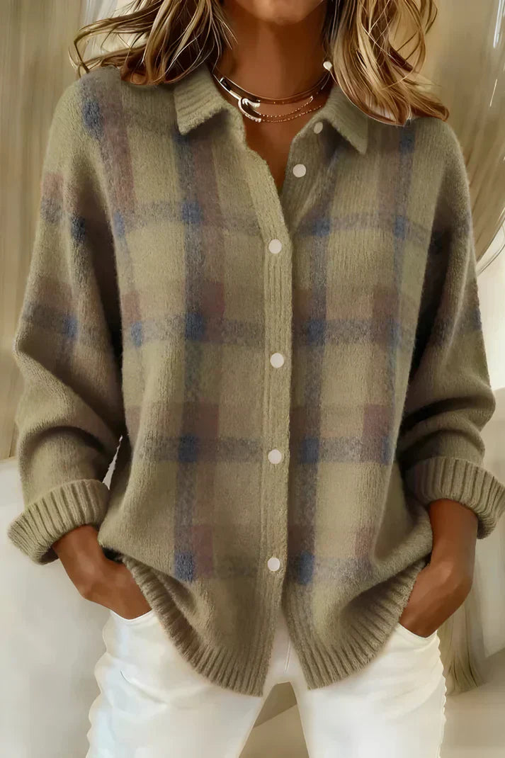 Margot plaid button-down cardigan in olive, front view