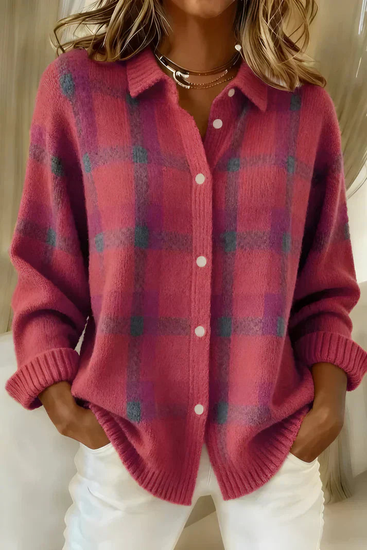 Margot plaid button-down cardigan in pink, front view