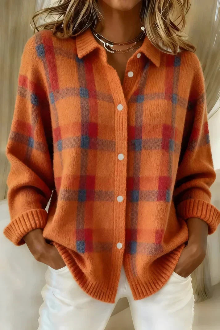 Margot plaid button-down cardigan in orange, front view