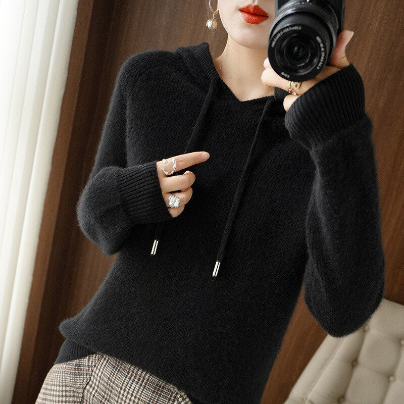 Margot drawstring hoodie in black with hood, close-up view