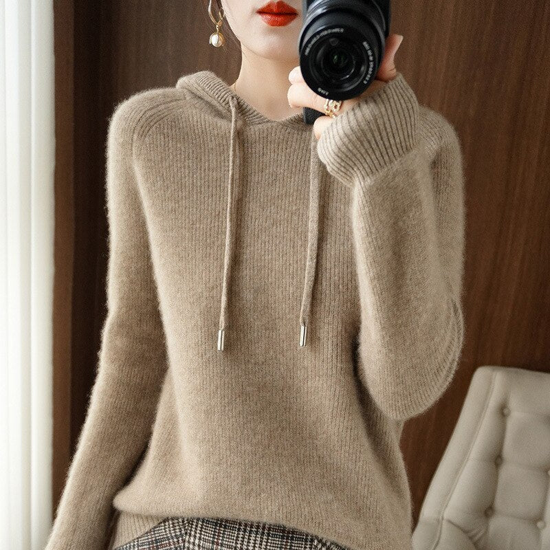 Margot relaxed fit drawstring hoodie in camel, front view