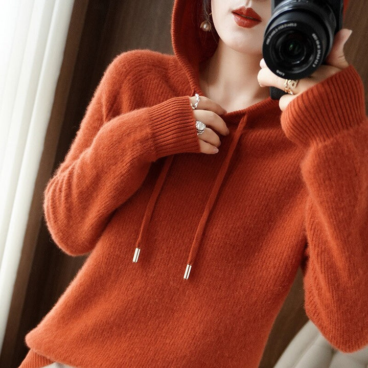 Margot drawstring hoodie in rust orange, front view