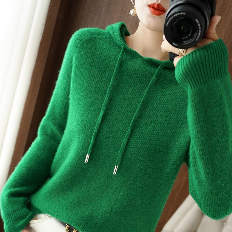 Margot drawstring hoodie in green, front view
