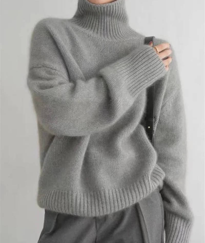 Margot turtleneck sweater in gray, front view with shoulder bag