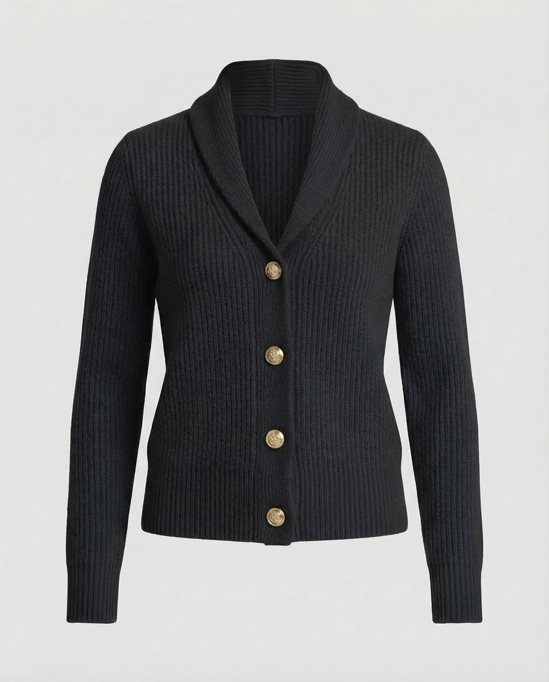 Margot ribbed knit cardigan in black with gold buttons, flat product shot