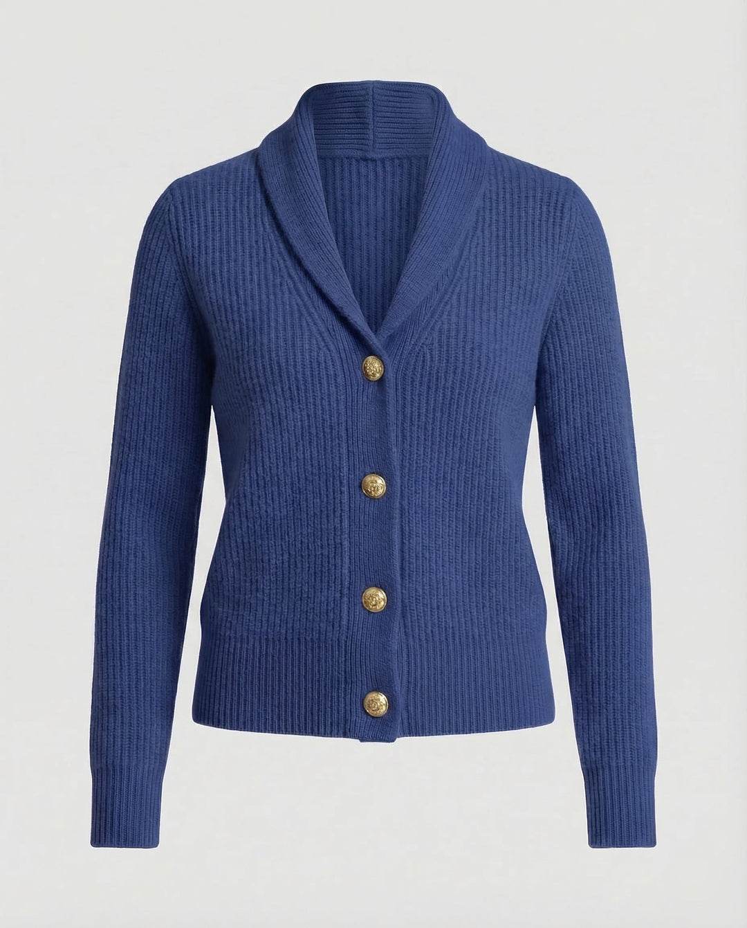 Margot ribbed knit cardigan in navy with gold buttons, flat product shot