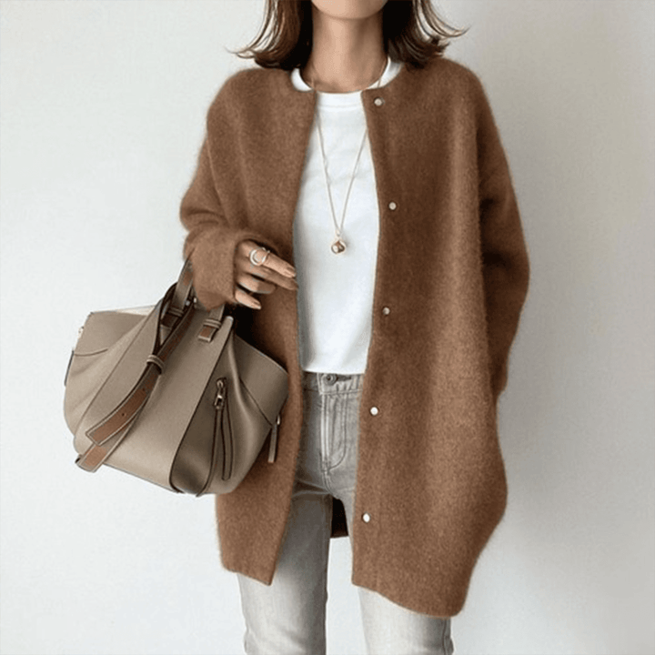 Margot oversized cardigan in brown, long sleeve crew neck front view