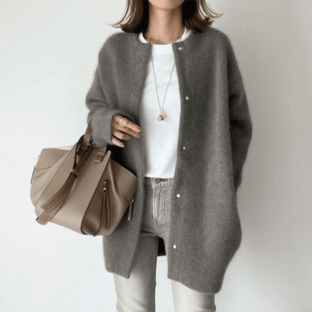 Margot oversized cardigan in gray, snap button closure detail