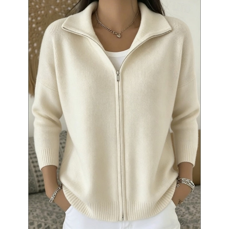 Marguerite ivory stand collar zip cardigan, front view