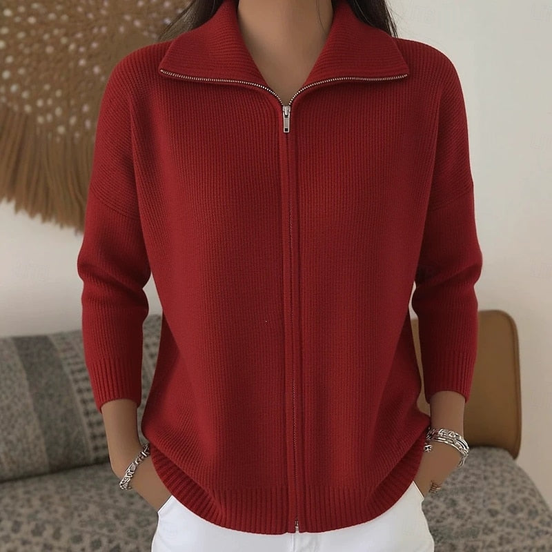 Marguerite red stand collar zip cardigan, front view