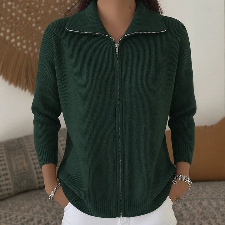 Marguerite green stand collar zip cardigan, front view