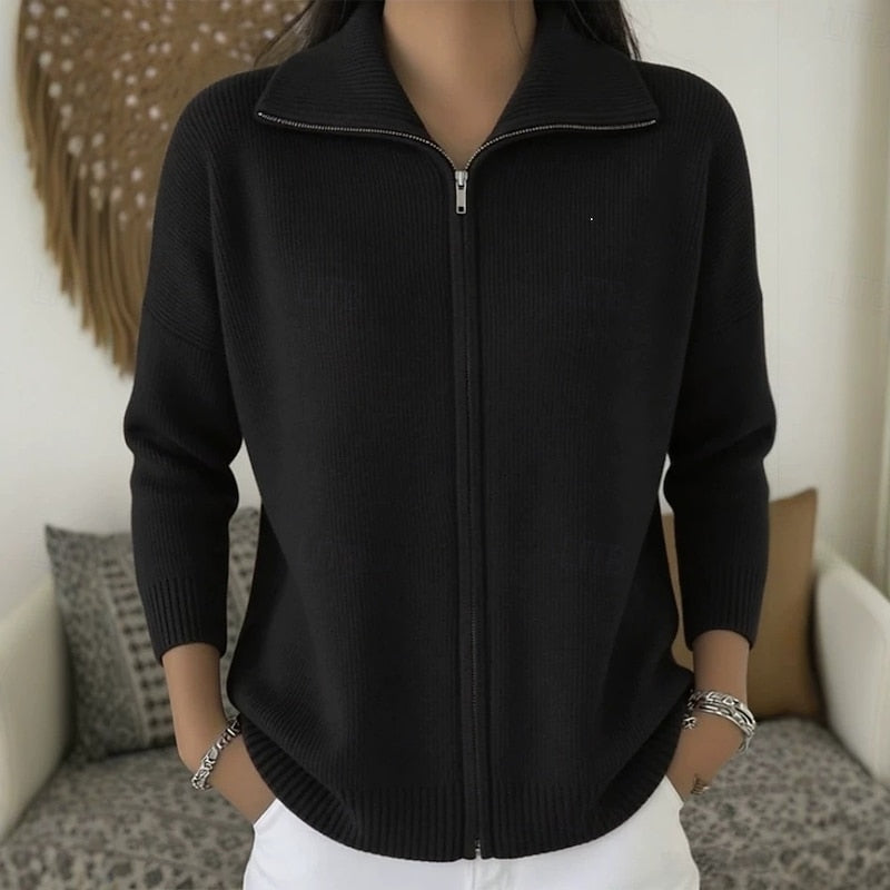 Marguerite green stand collar zip cardigan, front view