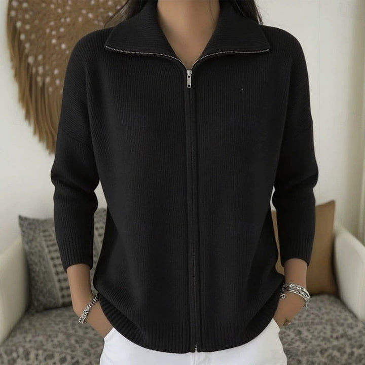 Marguerite green stand collar zip cardigan, front view