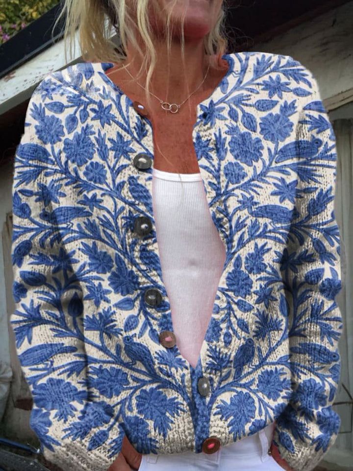 Marielle floral print button front cardigan in blue, front view