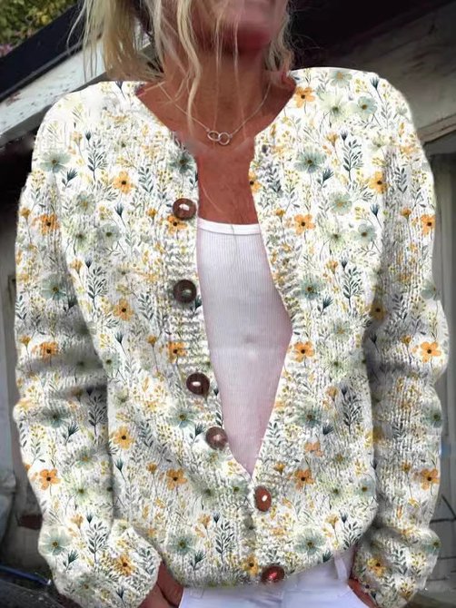 Marielle floral print button front cardigan in yellow floral, front view