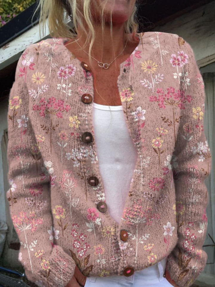 Marielle floral print button front cardigan in pink floral, front view