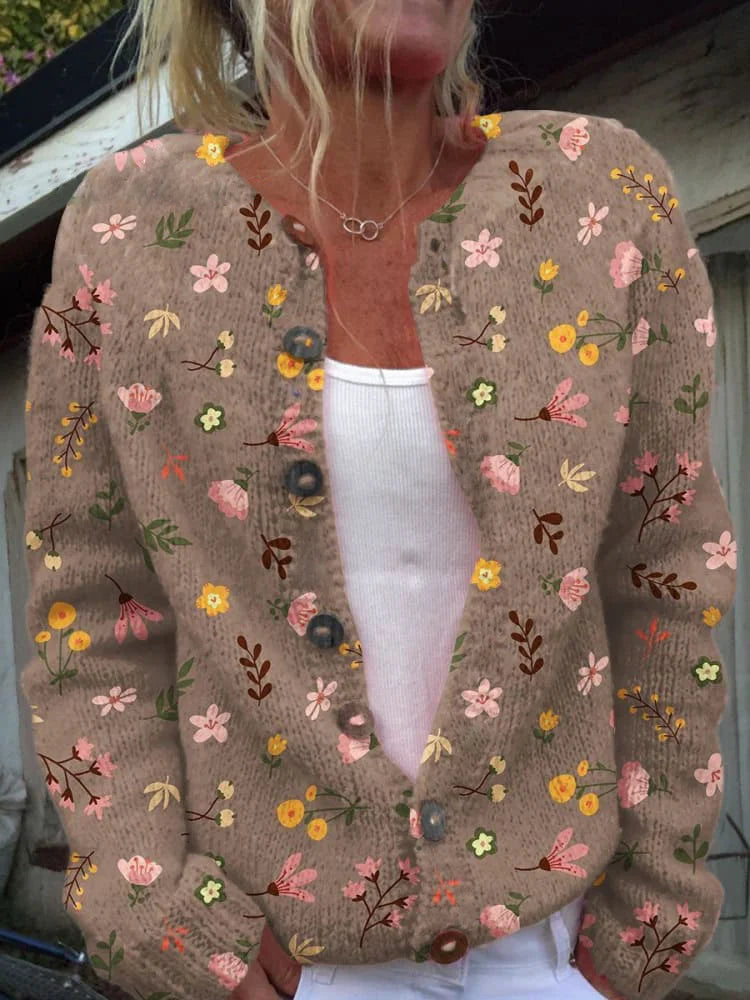 Marielle floral print button front cardigan in brown floral, front view