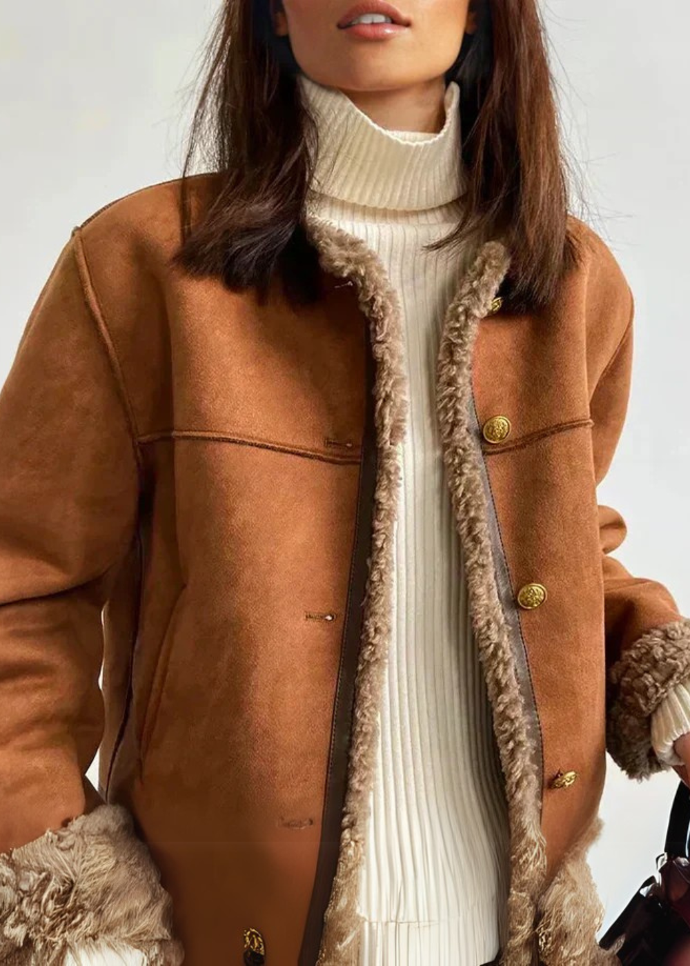 Marigold shearling lined jacket close-up front view with button details