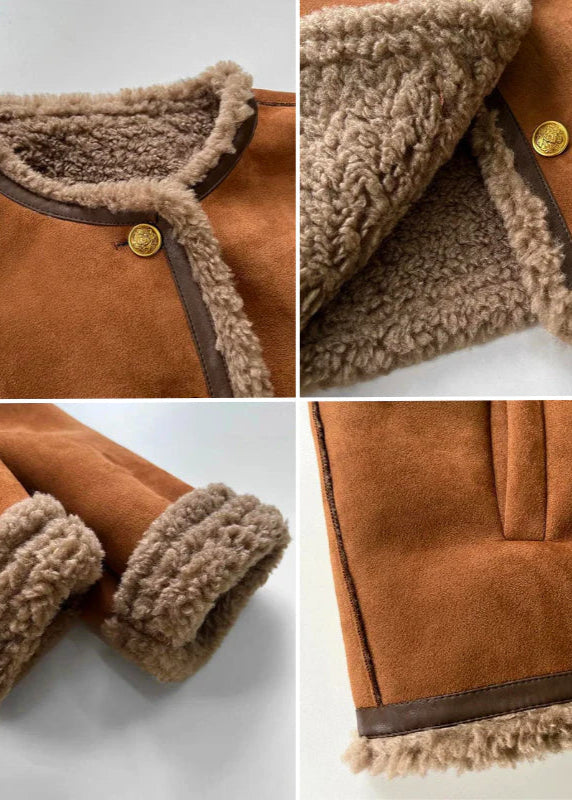 Marigold shearling lined jacket close-up of collar, cuffs, and button hardware