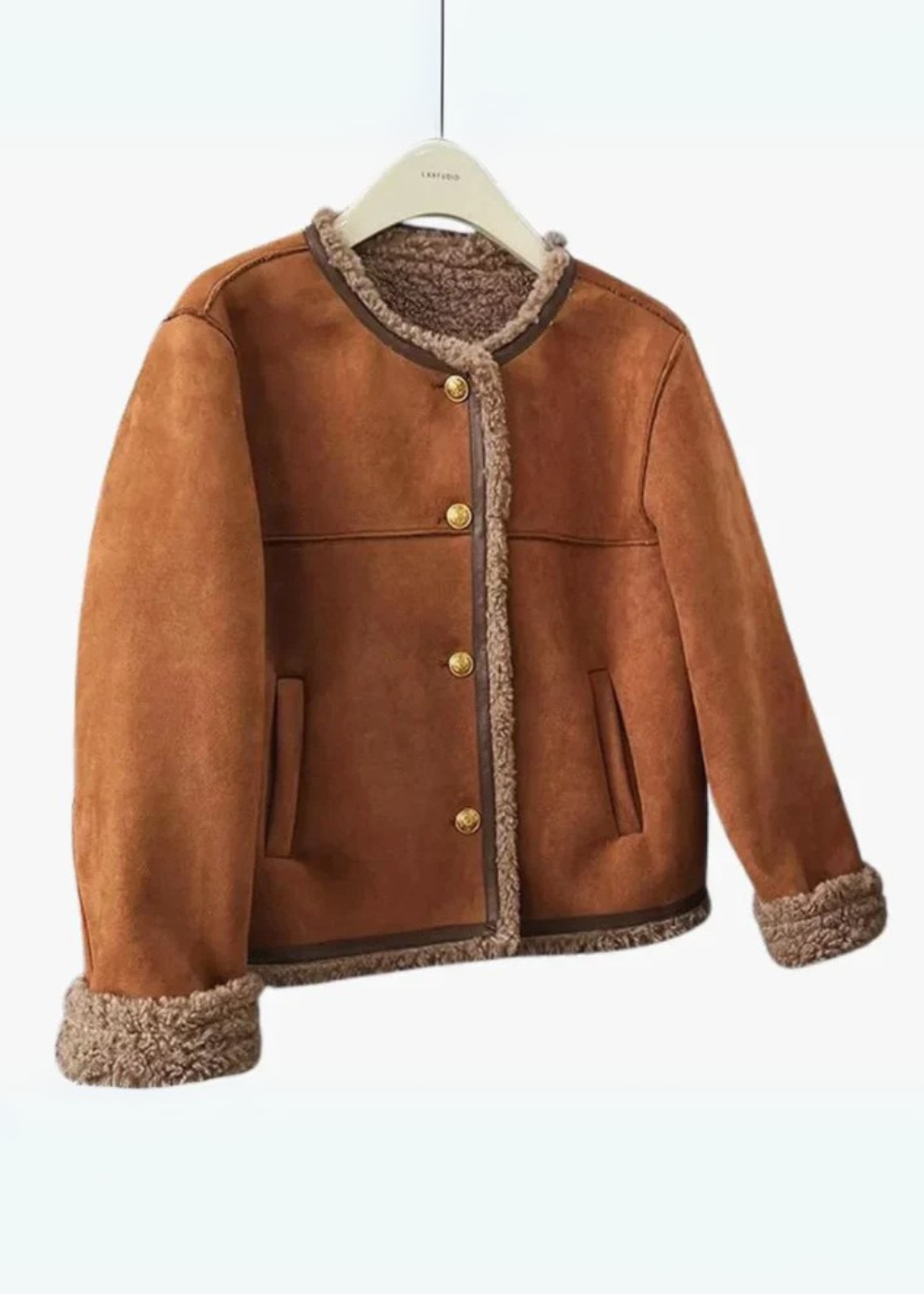 Marigold shearling lined jacket close-up of collar, cuffs, and button hardware