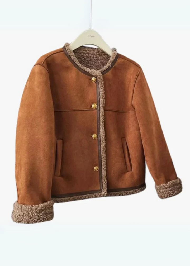 Marigold shearling lined jacket close-up of collar, cuffs, and button hardware