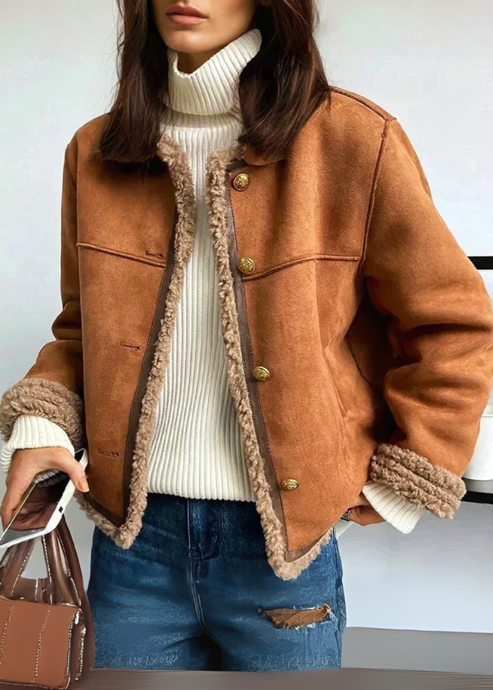Marigold shearling lined jacket close-up of collar, cuffs, and button hardware