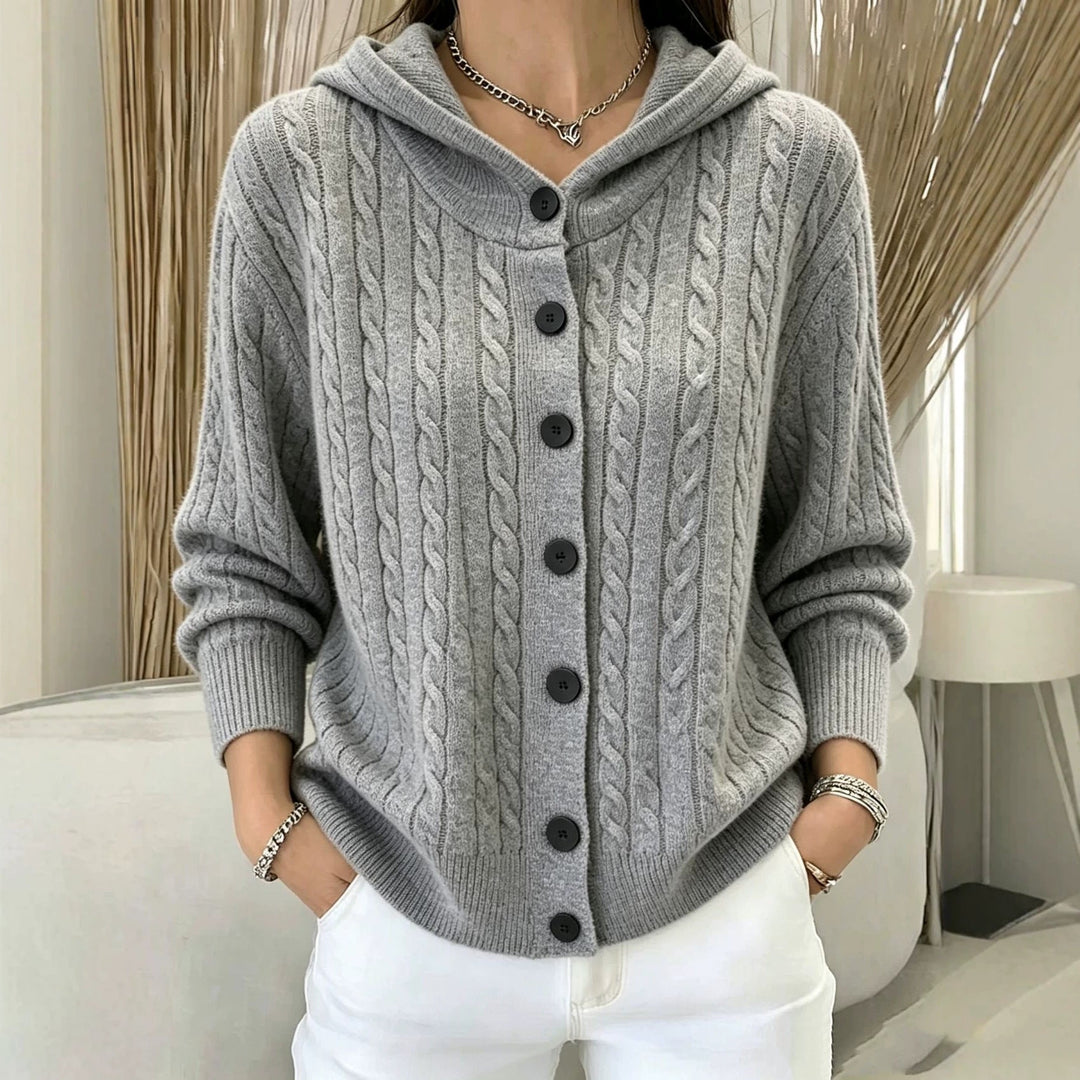 Marigold gray cable knit hooded cardigan, front view close-up