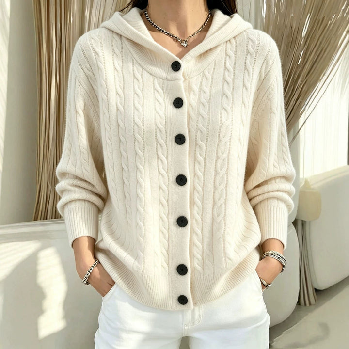 Marigold cream hooded cardigan with button front, close-up detail
