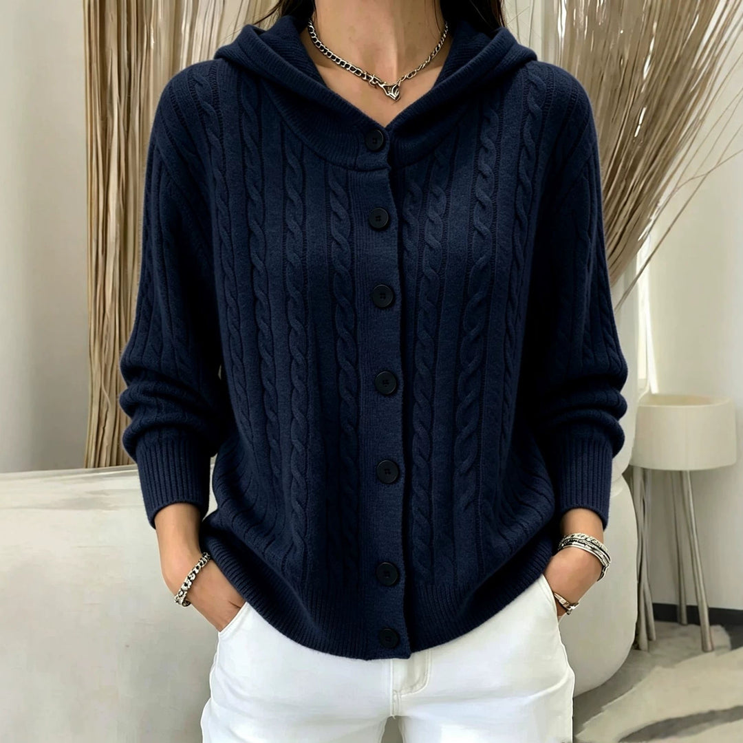 Marigold navy blue cable knit hooded cardigan, front view