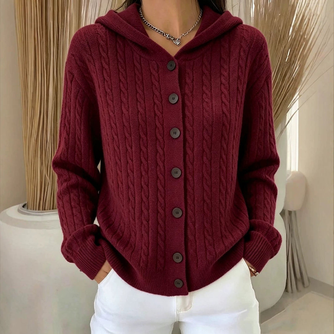 Marigold burgundy hooded cardigan with contrast buttons, front view