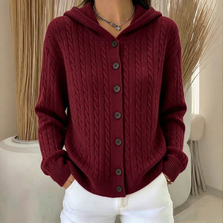 Marigold burgundy hooded cardigan with contrast buttons, front view