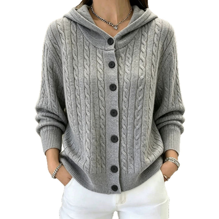Marigold burgundy hooded cardigan with contrast buttons, front view