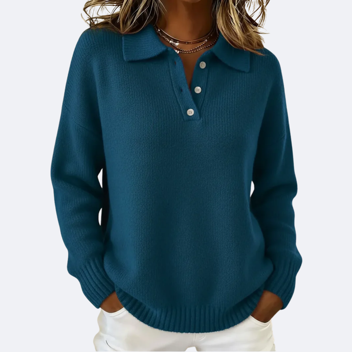 Marigold polo collar knit sweater in teal blue, front view