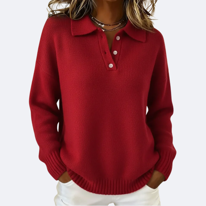 Marigold polo collar knit sweater in red, front view