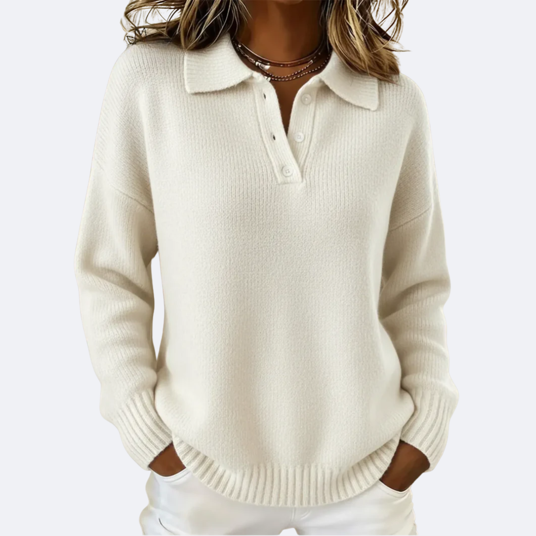 Marigold polo collar knit sweater in cream, front view