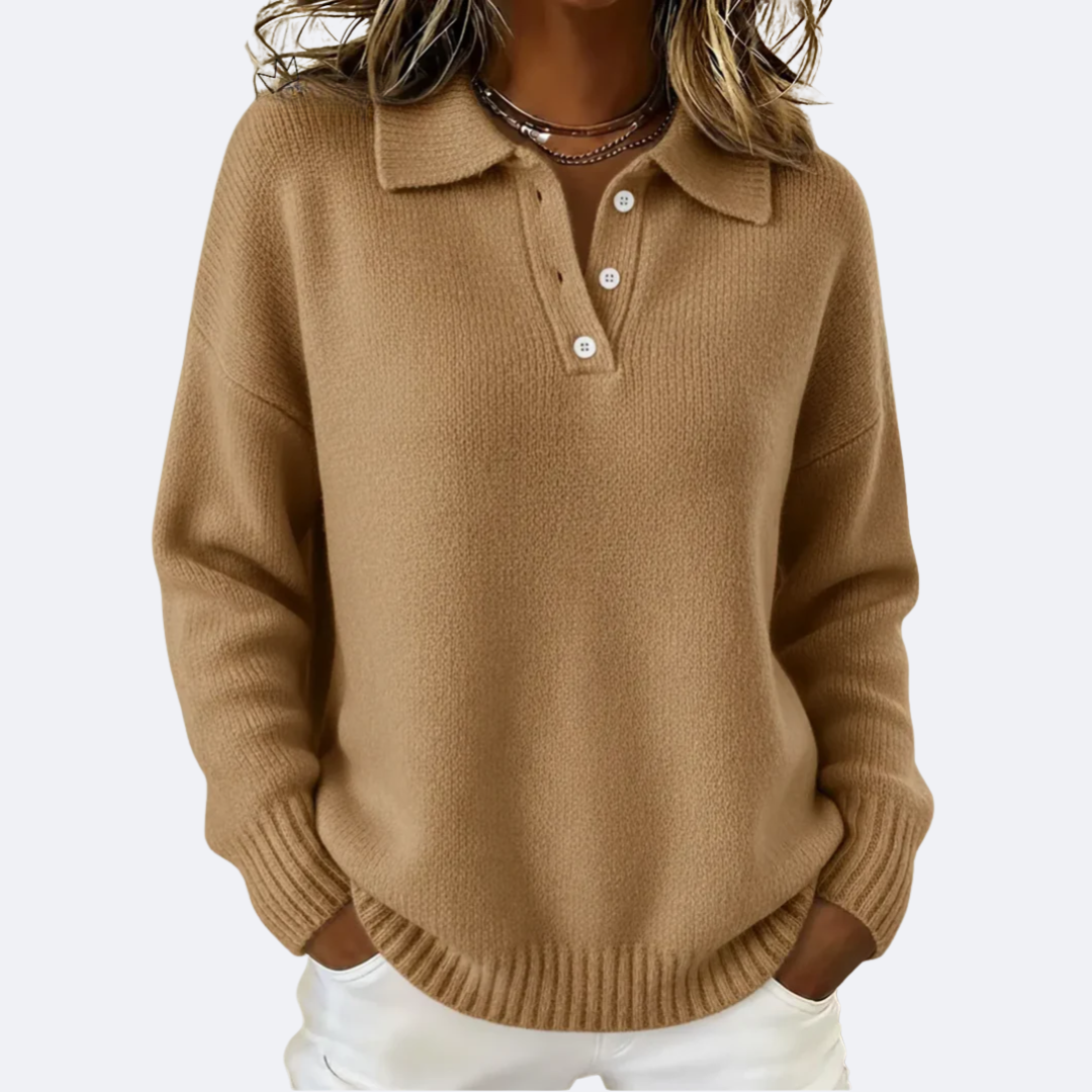 Marigold polo collar knit sweater in cream, front view